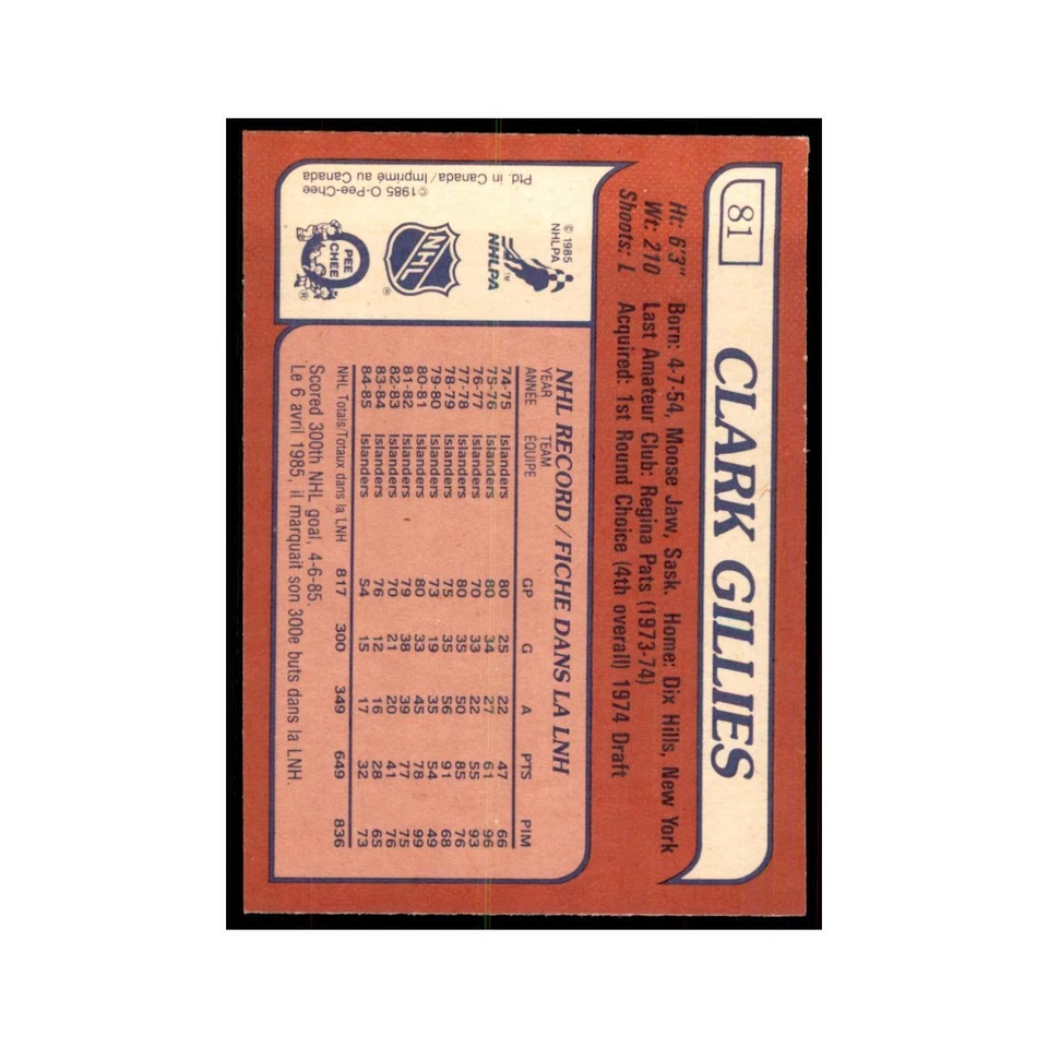 Clark Gillies 1985 O-Pee-Chee #81 New York Islanders Hockey Card NM - Image 2 of 3