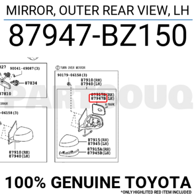 87947BZ150 Genuine Toyota MIRROR, OUTER REAR VIEW, LH 87947-BZ150 