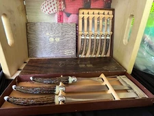 Vintage Crown Awards Steak Knife/Carving Sets Antler RARE