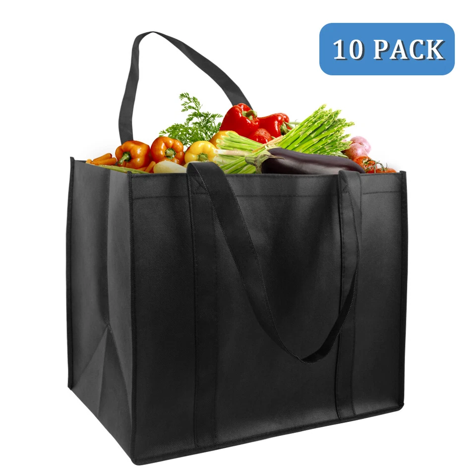 Sacolas de supermercado reutilizáveis pretas 10 peças – Sacolas de compras grandes resistentes - Imagem 3 de 4