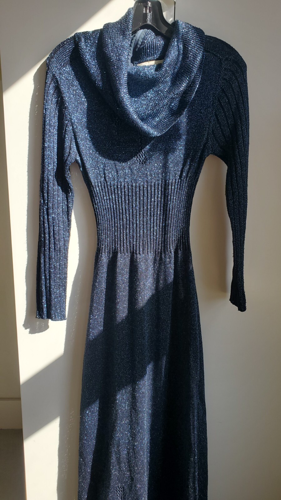 Vintage 70s Disco Wenjilli 5/6 Black Blue Metallic Knit Maxi Dress Cowl Gown S