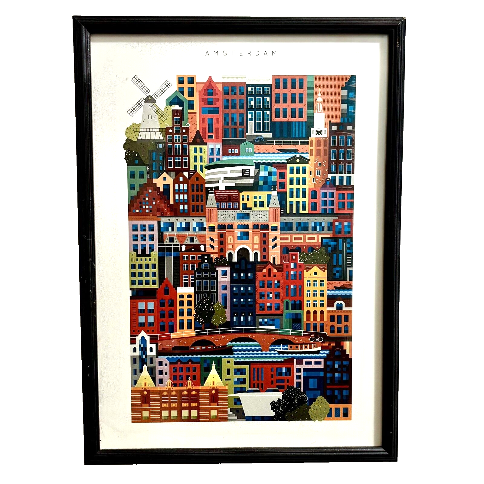 Amsterdam Travel Print with Frame Wall Art Colorful City Skyline Museum Glass