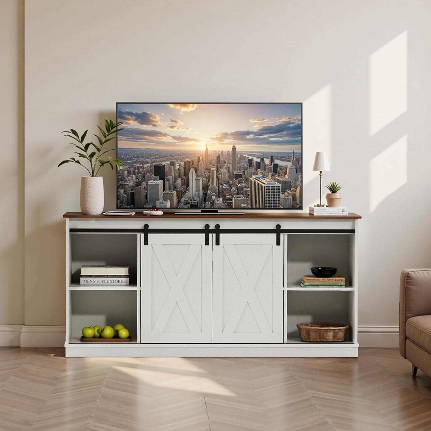 65" TV Stand w/ Storage Cabinet&Sliding Barn Door,Media Console Table Open Shelf
