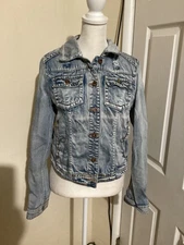 White Crow Jacket Womens Medium Blue Denim Aztec Southwest Boho Distressed