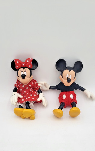 Vtg Poseable Plush Disney Mickey/Minnie Figures Rubber Head Shoes Gloves Clothed