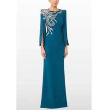 Evening Dress Round Neck Long Sleeves Crystal Beading Floor Length Prom Gown