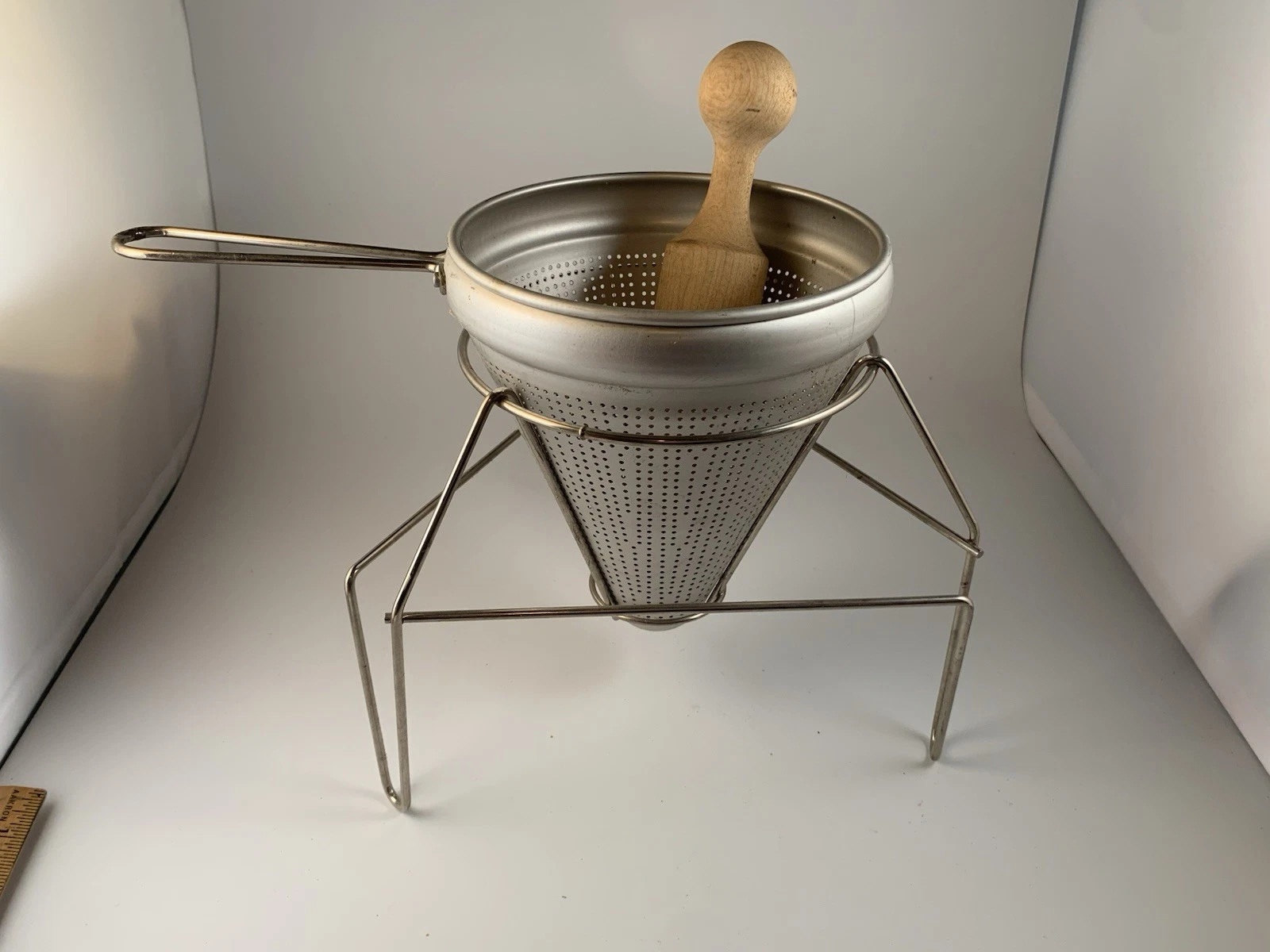 Vintage Aluminum Cone Sieve Colander Strainer With Wood Pestle & Stand