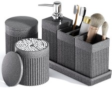 6-Piece Bathroom Set Grey - Stone Textured Resin Bathroom Organizer with Soap...
