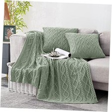 Cable Knit Throw Blanket 50 x 60 Inch Blanket  18 x 18 Inch Pillow Sage Green