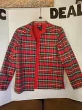 New MSK Plaid Silk Blend Open Front Jacket Blazer Red Green Evening Wear.