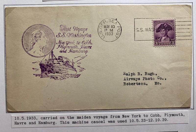1933 US German Sea Post First Voyage Cover To Robertson MO USA SS Washington
