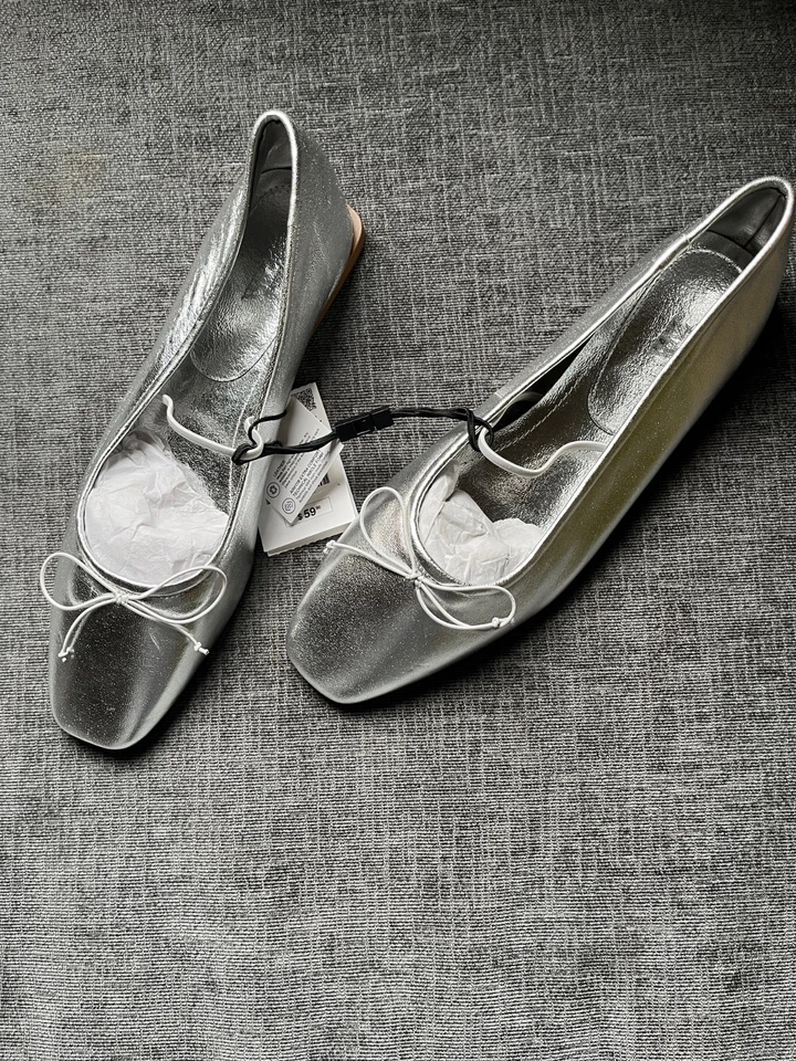 Zapatos de ballet Zara 39 8 de cuero plateado con punta cuadrada plana Foto 3 de 4