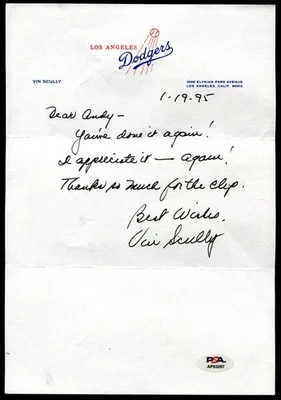 Vin Scully 1995 Jan 19th Signed Written Letter PSA/DNA On Dodgers Letterhead - Image 1 of 2