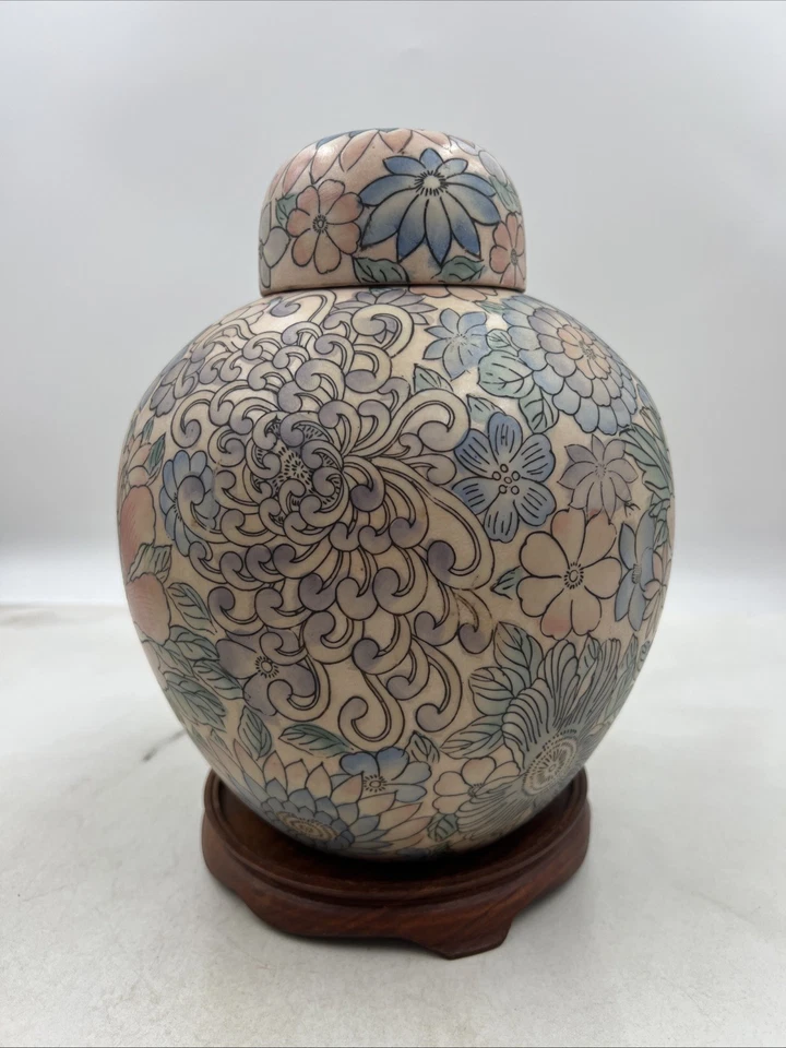 Jarrón de porcelana chino de colección tarro de jengibre estampado floral pintado a mano con base de madera Foto 4 de 4