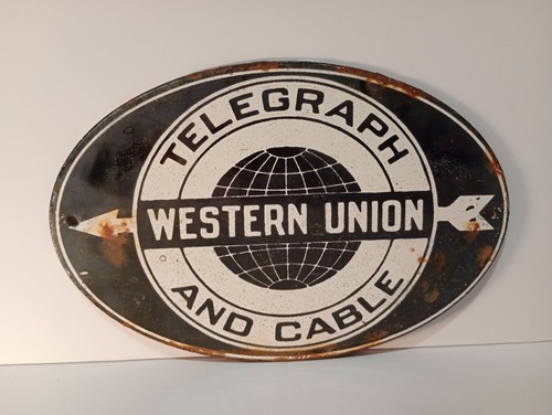 Vintage WESTERN UNION Telegraph & Cable    Porcelain Enamel Sign 6" x 4" Inches