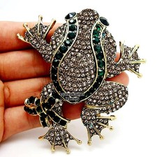 3.90Ct Rose Cut Diamond Emerald Studded Vintage Style Silver Frog Brooch Jewelry