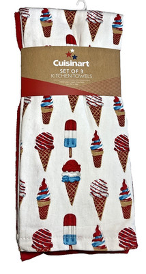 CUISINART KITCHEN TOWELS (3) ICE CREAM RED WHITE BLUE 18 x 28 100% COTTON NIP