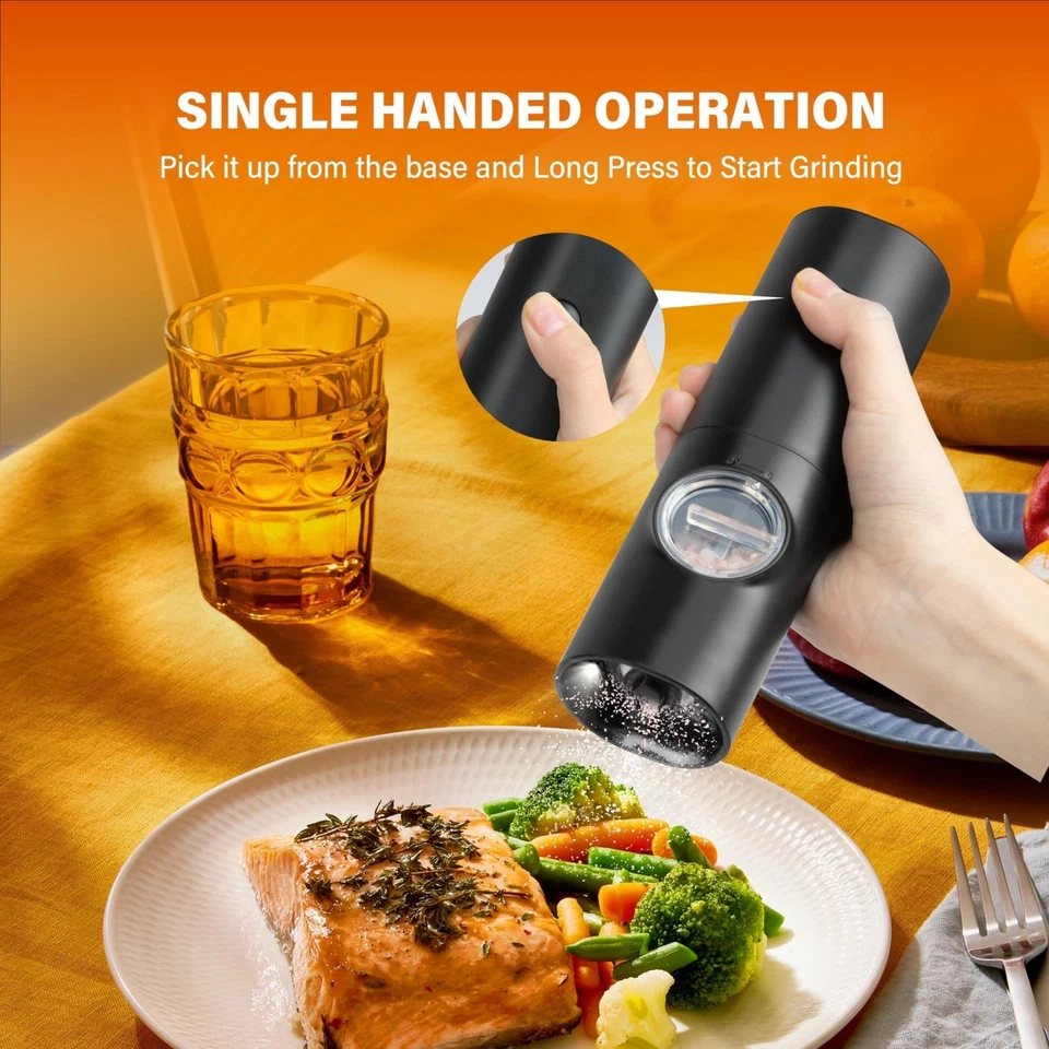 Juego de molinillo eléctrico de sal y pimienta con una mano a batería herramienta de cocina negra Foto 4 de 4