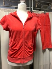 Juicy Couture Terry Cloth Coral Red Short Sleeve Hoodie Low Rise Shorts Set 6P