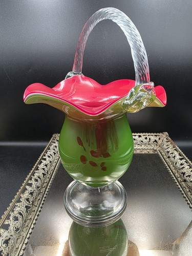 Murano Style Blown Glass Venetian Basket Red Green Watermelon 10.5” Tall