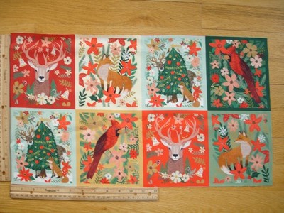Christmas Spirit Cardinals Fox Deer  Cotton Quilt Fabric Panel Blocks (8)