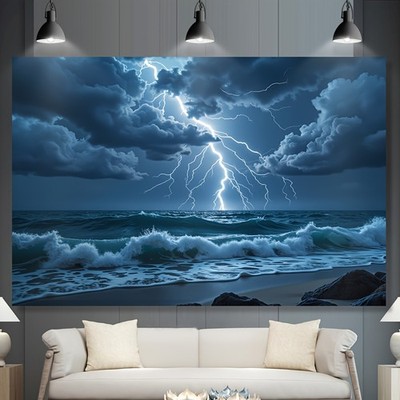 1pc Polyester Ocean Rainstorm Lightning Tapestry - Raging Sea Waves & Gloomy Sky