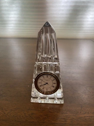 BEAUTIFUL VTG WATERFORD Crystal Obelisk Pyramid Desk Clock SIGNED 5.75"H IRELAND