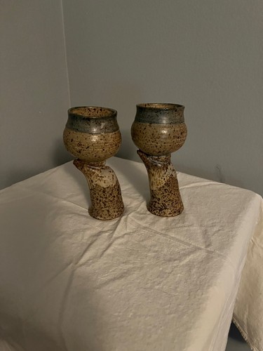 Hand Made Signed Studio Pottery Candle Holders Pair Great Texture, Color, Glaze - Picture 2 of 7
