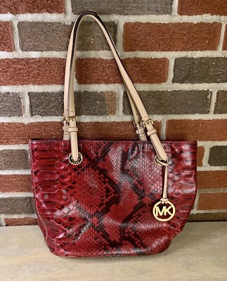 Michael Kors East West Burgundy Red Python Embossed Leather Shoulder Tote Purse