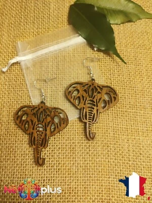 Boucles d'oreilles Eléphant en bois d'Acajou Brésilien et Argent 925 - Photo 1/2