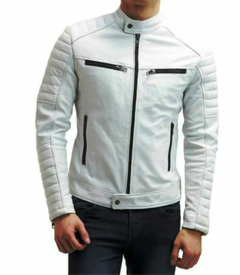Herren weiß schmale Passform Bikerjacke echtes Lammfell Mode weiße Jacke XS BIS 3XL