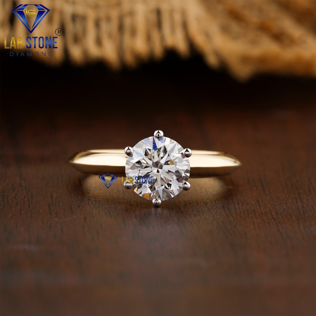 TDW Round Cut Lab-Created Diamond Yellow Gold Ring EF Color