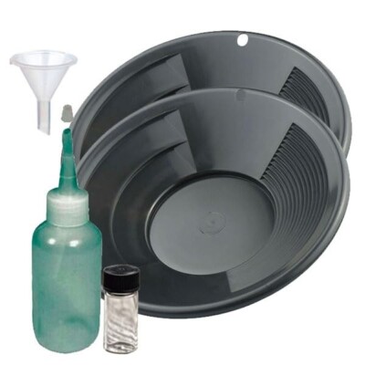 Sluice Monkey Set of (2) 10'' Black Gold Pans Panning Kit with Sniffer, Vial & Fu