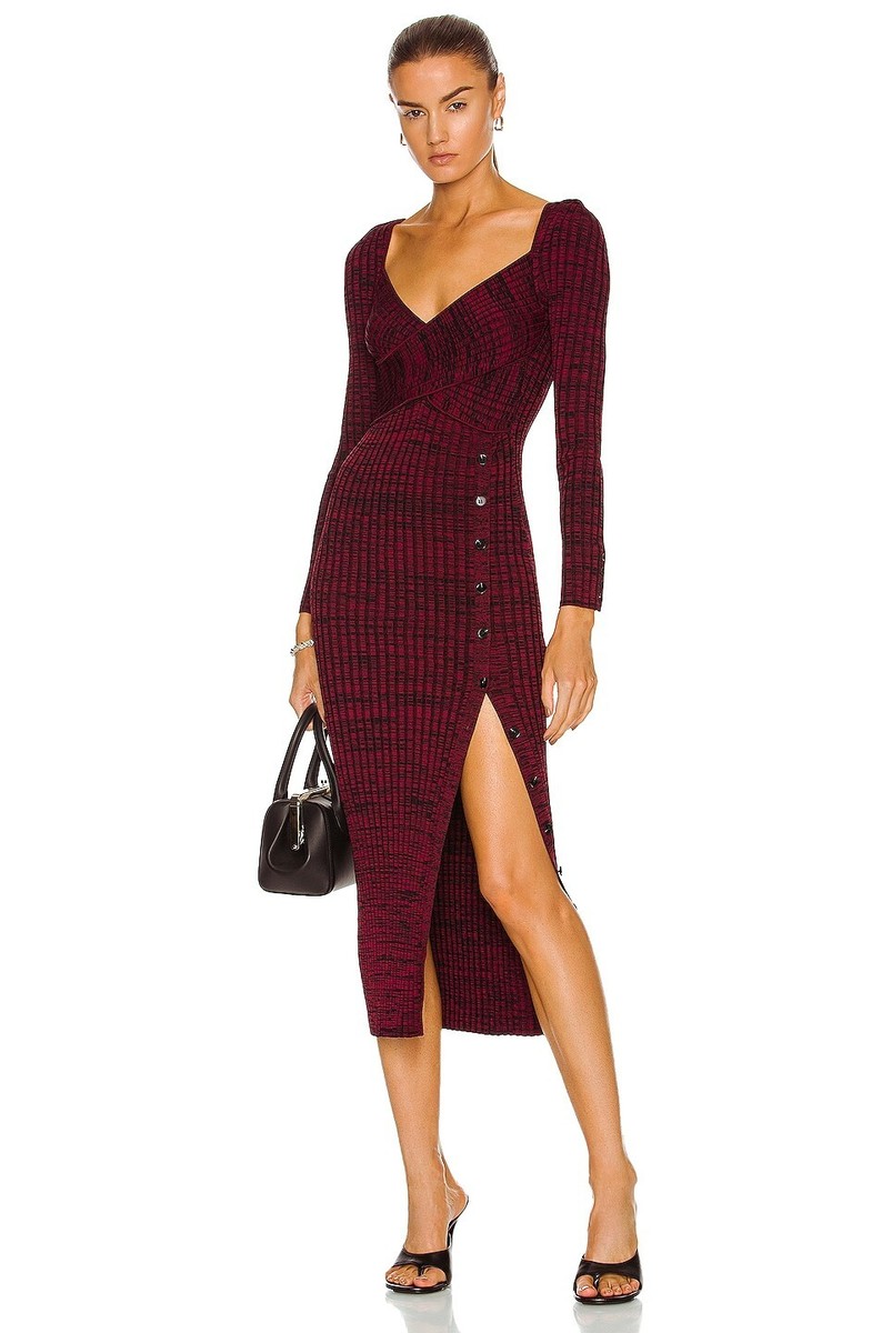 ワンピース SELF PORTRAIT BURGUNDY RIBBED KNIT MIDI DRESS Burgundy Pointelle Knit Midi Dress – self-portrait-US