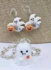 Halloween Ghost Holding Pumpkin Bracelet And Earring Set Silver tone