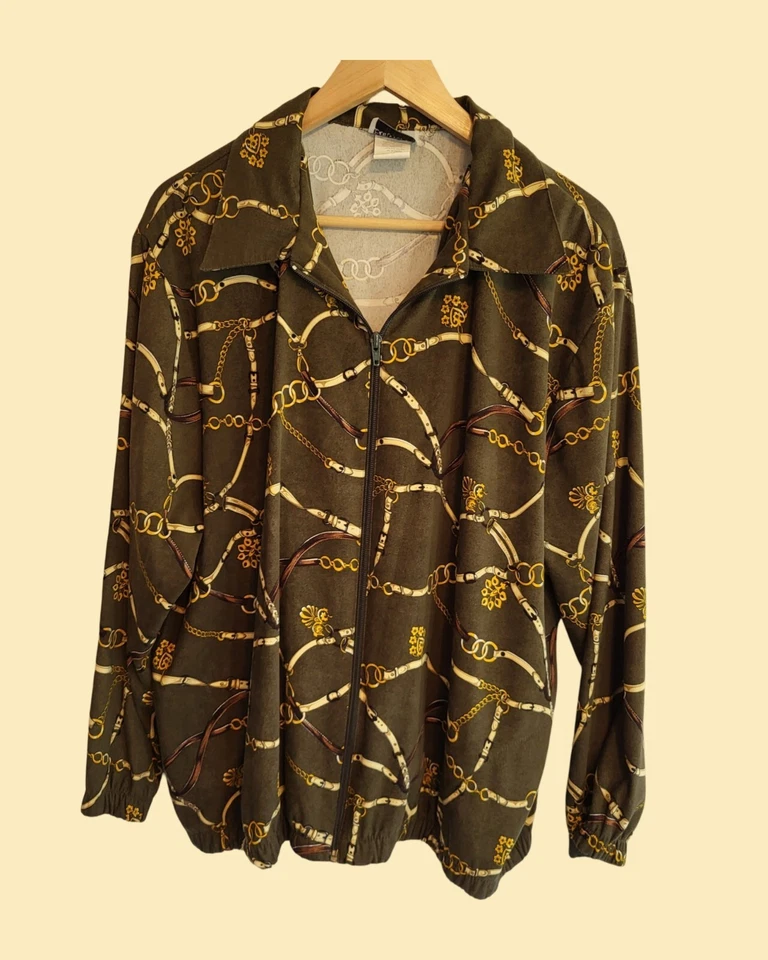 Chaqueta Bomber Vintage Años 80 Estampado de Cadena Para Mujer Grande Verde Cuello Retro Foto 2 de 4