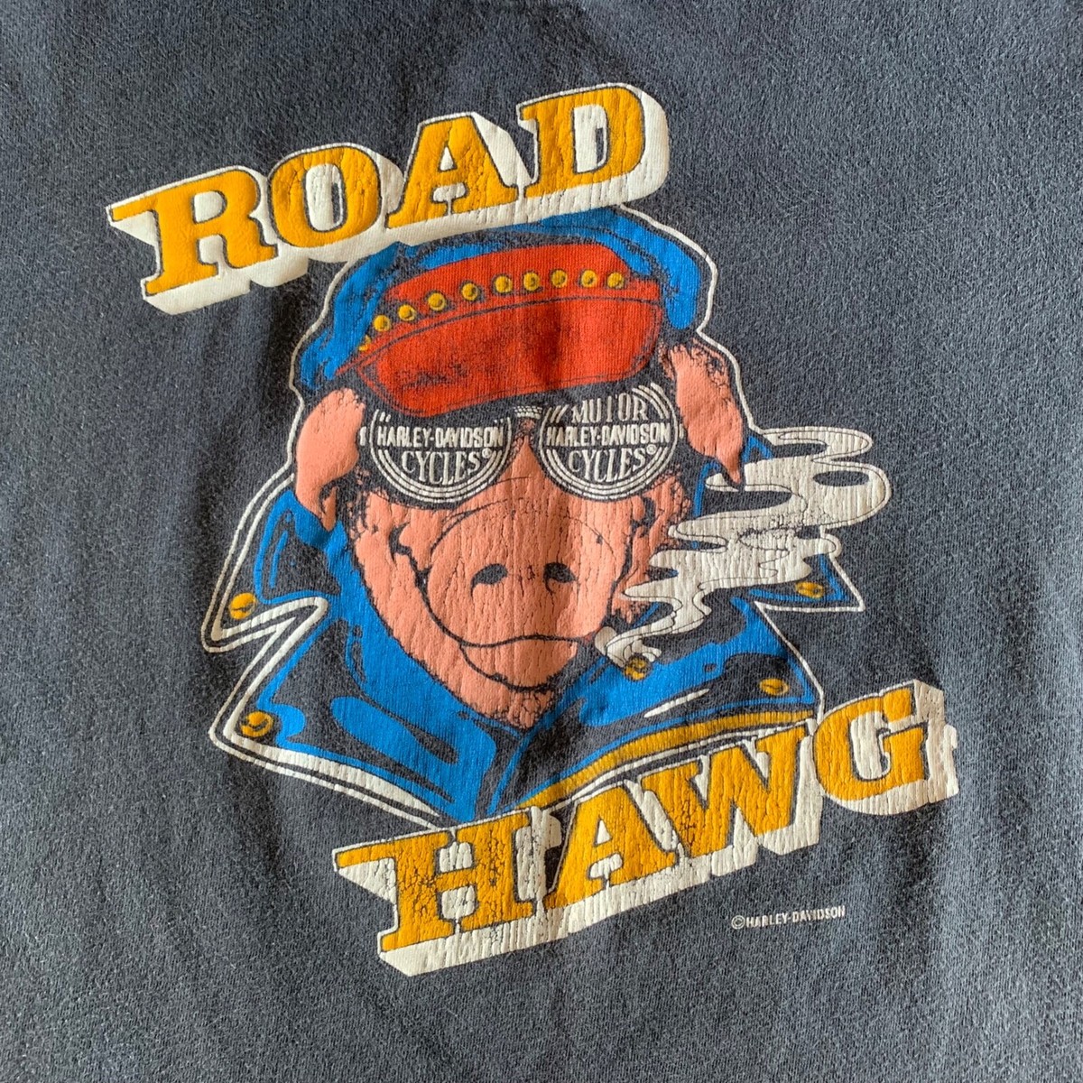 VINTAGE 80s HARLEY DAVIDSON ROAD HAWG BIKER T-SHIRT MEN L FADED