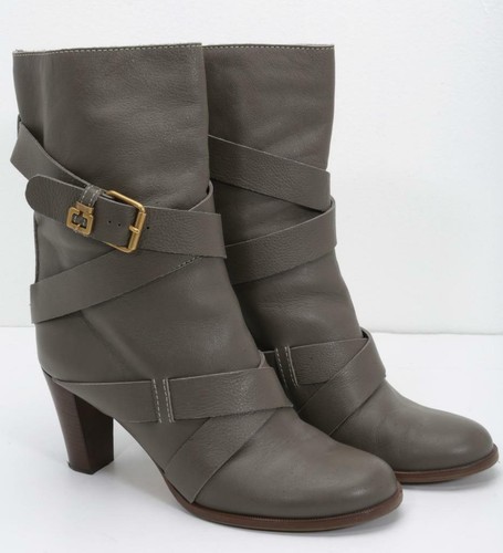 CHLOE Womens Taupe Leather Buckle Round-Toe Block High Heel Mid-Calf Boots 11-41 - Picture 7 of 8