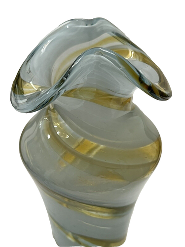 Vintage Vase Glass Art Hand Blown Diagonal Stripes Opalescent Swirl Scalloped - Picture 7 of 13