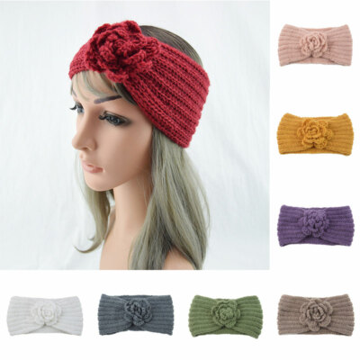 LADIES CHUNKY KNITTED HEADBAND HAIRBAND FLOWER WINTER SKI HAT EARMUFFS CUTE 