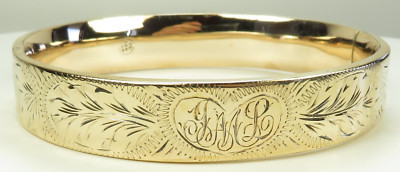 Antique 1900's Bangle Bracelet Engraved JML 13KY Fits 71/4'' IC 0.504'' 22.6 Grams