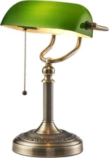 Green Banker Desk Lamp Pull Chain Switch Glass Shade Light Satin Bronze Fixture