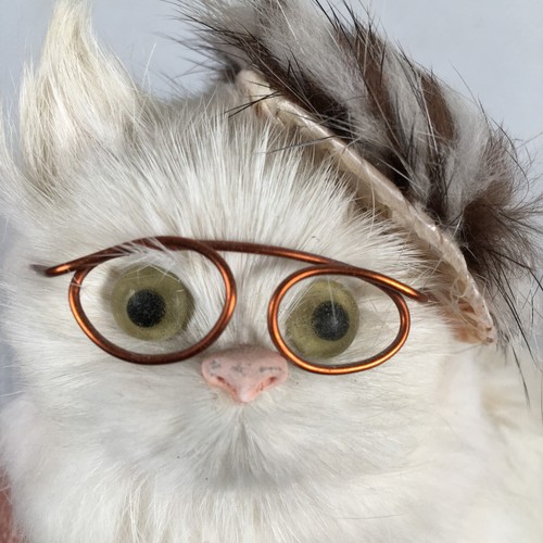 Vintage Real Fur Cat Figurine White Persian Cat w/Glasses & Fur Cap Hat 5" - Picture 3 of 8