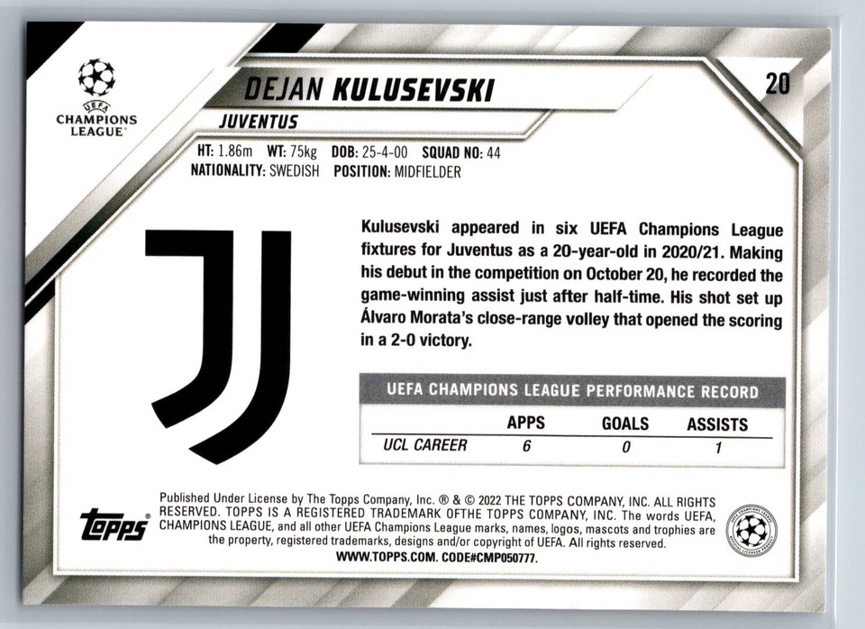 TOPPS CHROME UCC Dejan Kulusevski Juventus #20 Future Stars EUR 6,28
