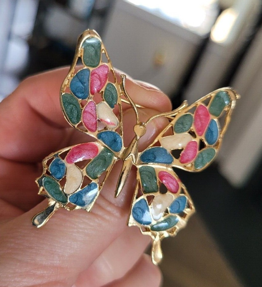 Vintage Butterfly Brooch Pin Enamel Mosaic Style Butterfly Signed Made in USA