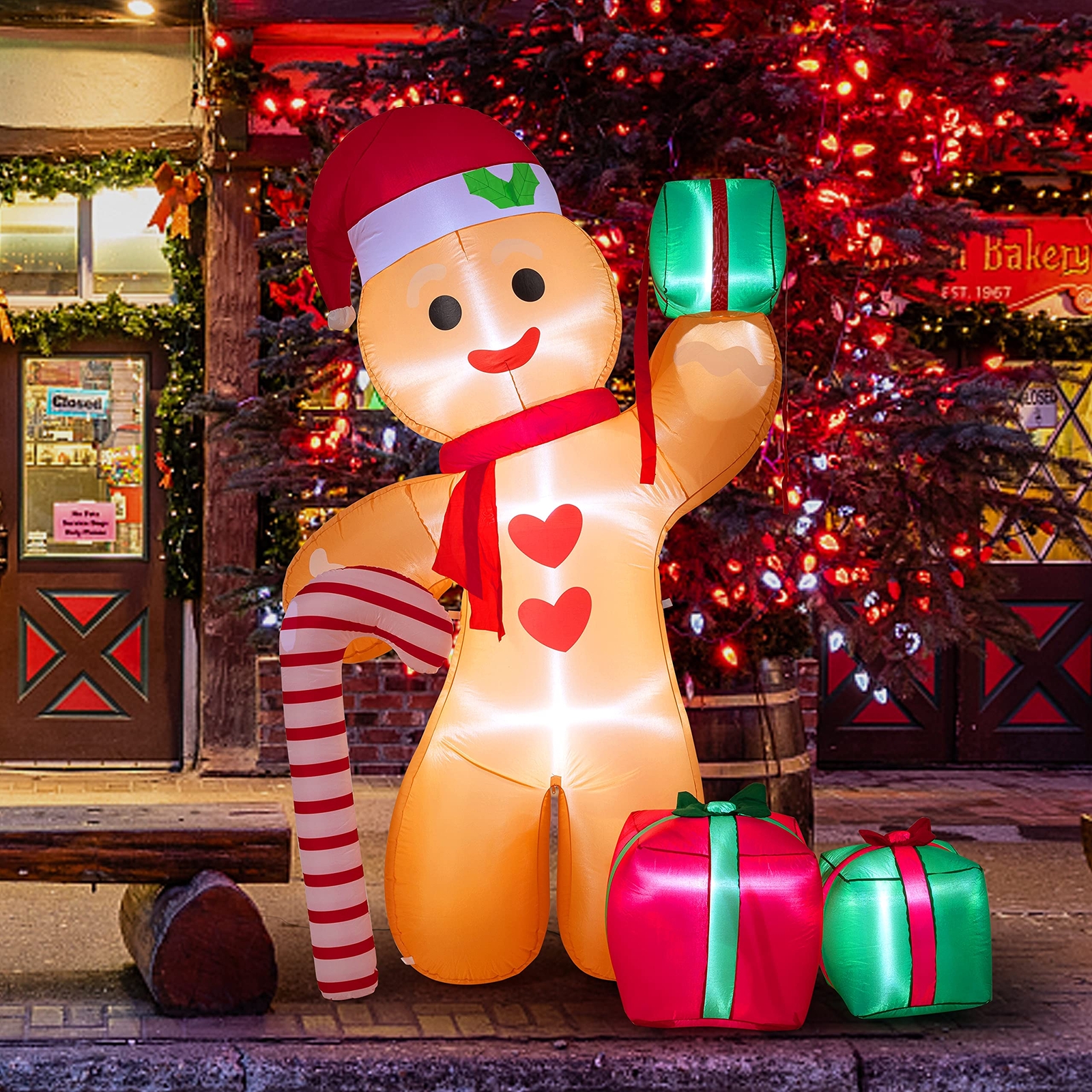 8FT Inflatable Gingerbread Man with Candy Cane and Three Gift Boxes,LED Light...