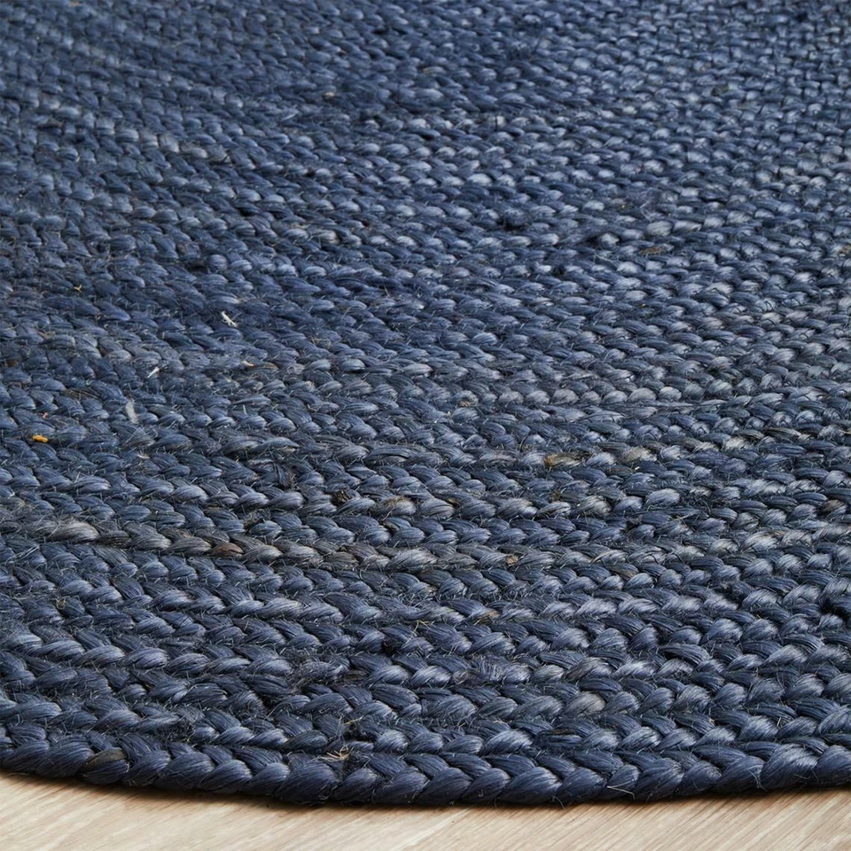 Round Rug Blue Dye Natural Jute Farmhouse Area Rug Hand Woven Carpet - Image 3 of 4