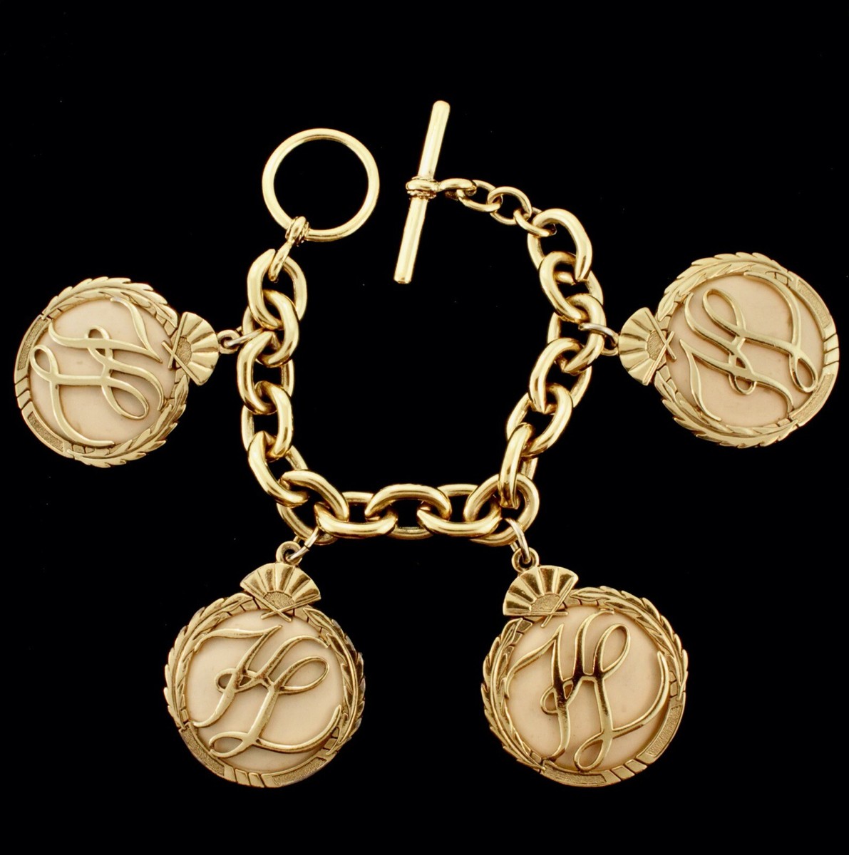 アクセサリー KARL LAGERFELD coin charm gold bracelet Vtg French KARL LAGERFELD Iconic Logo Medallion Enamel Charm