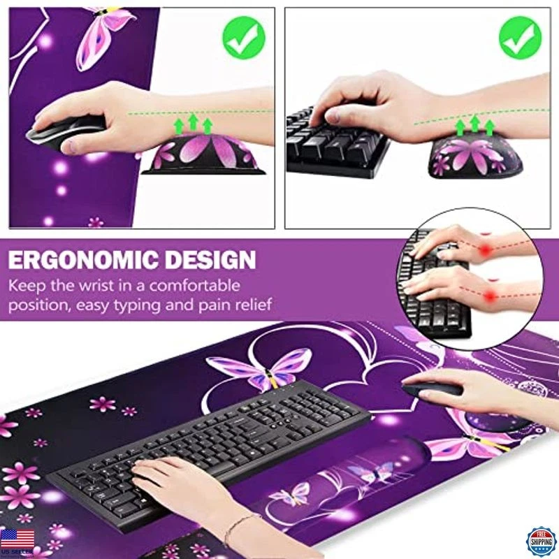 Large Gaming Mouse Pad Set with Wrist Rest, Non-Slip, Memory Foam, Purple - Image 3 of 4