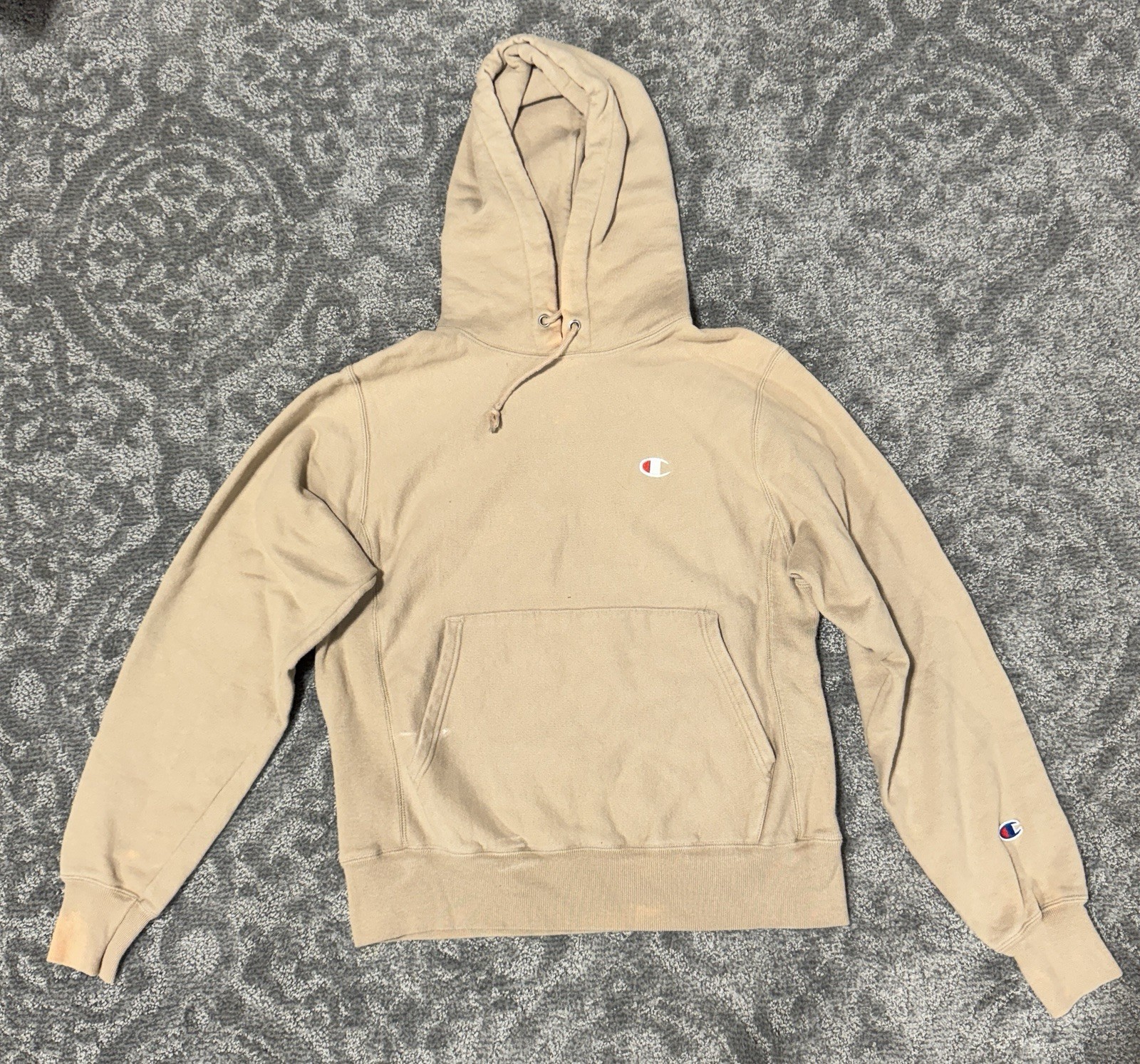 Vintage Champion Mens Small Beige Tan Reverse Weave Hoodie Sweatshirt Distressed